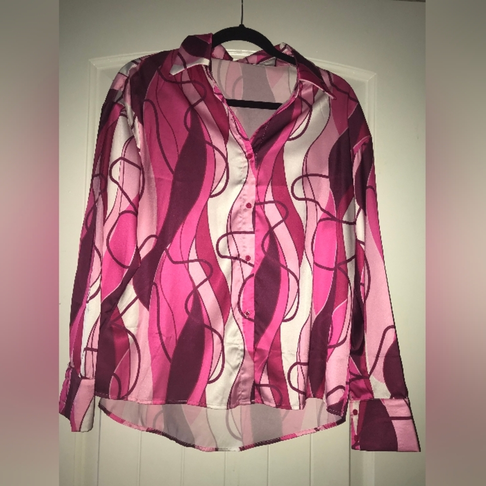 Hot Pink And White Silky Business Casual Work Dress Shirt